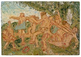 Leon Kossoff / 
Bacchanal before a Herm of Pan by Poussin No. 2, 1998 / 
oil on board / 
39 x 57 in. (99 x 144.5 cm)