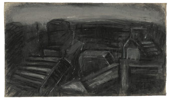 Leon Kossoff / 
City Rooftops, 1957 / 
charcoal and pastel on paper / 
22 1/2 x 38 1/2 in. (57.2 x 97.8 cm) / 
framed: 25 1/2 x 41 1/2 in. (64.8 x 105.4 cm) / 
 / 
Catalogue plate number 3 