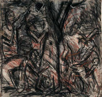 From Titian: The Flaying of Marsyas / 
      Charcoal, pastel and oil paint on paper / 
      57.5 x 59.5 cm