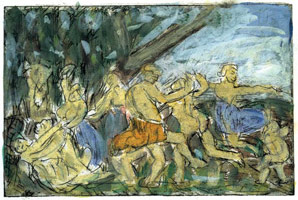 From Poussin: A Bacchanalian Revel before a Term / 
      Hand coloured etching and drypoint / 
      29.4 x 40 cm / 
      Private
      collection