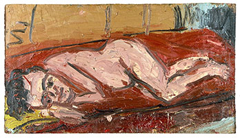 Leon Kossoff / 
Nude on a Red Bed, 1969 / 
oil on board / 
30 3/4 x 54 in. (78.1 x 137.2 cm)