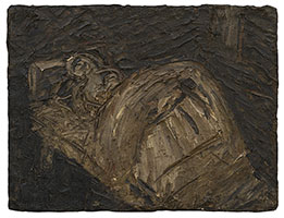 Leon Kossoff / 
Woman Ill in Bed, 1957 / 
oil on board / 
36 1/2 x 48 3/4 in. (92.7 x 123.8 cm)