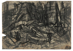 Leon Kossoff / 
Demolition of the YMCA Building, London No. 2, 1970 / 
charcoal on paper / 
23 1/4 x 33 in. (59 x 84 cm) / 
framed: 26 3/4 x 36 1/2 in. (67.9 x 92.7 cm) / 
 / 
Catalogue plate number 17