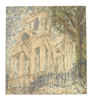 Leon Kossoff / 
Christchurch, Spitalfields, 1999-2000 / 
oil on board / 
56 3/8 x 51 1/8 in. (143 x 130 cm) / 
Private collection
