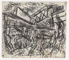 Leon Kossoff / 
The Flower Stall, Embankment Station, 1994 circa / 
charcoal and oil on paper / 
21 3/4 x 25 1/8 in. (55.5 x 63.8 cm)