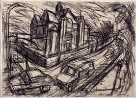 Leon Kossoff / 
School Building Willesden, 1979 / 
charcoal on paper / 
21 x 29 3/4 in. (53.3 x 75.6 cm) / 
framed: 29 x 37 1/2 in. (73.7 x 95.3 cm)