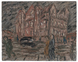 Leon Kossoff / 
Red Brick School Building, Winter, 1982 / 
oil on board / 
48 x 60 in. (121.9 x 152.4 cm) / 
 / 
Catalogue plate number 37