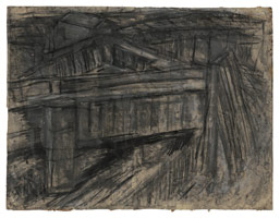 Leon Kossoff / 
Railway Bridge Mornington Crescent, 1952 / 
charcoal and pastel on paper / 
21 3/4 x 28 3/4 in. (55.2 x 73 cm) / 
Framed: 25 1/4 x 31 3/4 in. (64.1 x 80.6 cm) / 
Catalogue plate number 1
