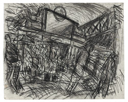 Leon Kossoff / 
The Flower Stall, Embankment Station, 1994 / 
charcoal on paper / 
22 x 27 1/2 in. (56 x 70 cm) / 
 / 
Catalogue plate number 54