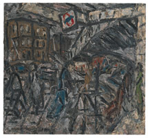 Leon Kossoff / 
Outside Kilburn Underground Station, 1984 / 
oil on board / 
77 1/2 x 83 3/4 in. (197 x 213 cm) / 
 / 
Catalogue plate number 34
