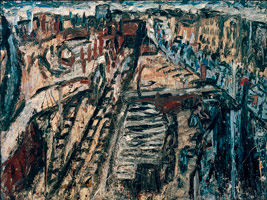 Leon Kossoff / 
Dalston Junction with Ridley Road Street Market, Friday Morning, 1973 / 
Oil on board / 
63 x 84 in (160 x 213.4 cm)