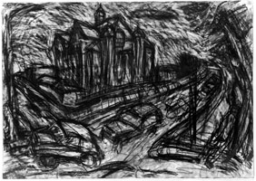 Leon Kossoff / 
School Building Willesden I, 1979 / 
Charcoal on paper / 
30 1/2 x 40 in (77.47 x 101.6 cm)