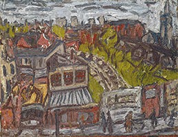 Leon Kossoff / 
View of Hackney with Dalston Lane, Monday Morning, Spring, 1974 / 
Oil on board / 
55 x 72 in (139.7 x 182.9 cm)