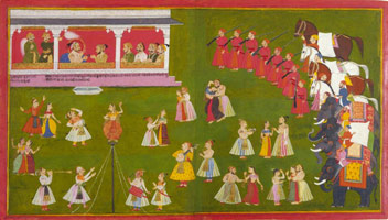 Rajasthani Paintings / 
        Maharana Amar Singh of Mewar, His Son and Courtiers Watch a Performance of Acrobats and Musicians / 
        Rajasthan, produced at the Mewar court / 
        circa 1705 – 10 / 
        20 1/4 x 35 7/8 in. (51.4 x 91.12 cm)