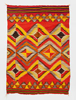 Unknown (Navajo) / 
Navajo Eye Dazzler Blanket, circa 1885 / 
All handspun native wool; the brown and
white are natural; the red, yellow,
orange, blue, and gray are
synthetic dyed / 
78 x 54 3/4 in. (198.1 x 139.1 cm)
