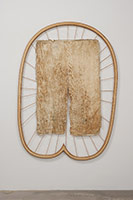 Olga Koumoundouros / 
Extend, 2011 / 
wood, book binding thread, leather and latex peel from kitchen table / 
82 x 60 x 1 1/2 in. (208.3 x 152.4 x 3.8 cm)