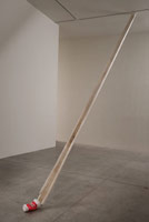 Olga Koumoundouros / 
Trickle Down, 2009 / 
toilet paper; starch; metal stud; double gulp cup / 
96 x 276 x 12 in. (243.8 x 701 x 30.5 cm)
 