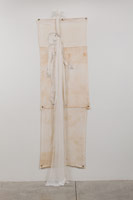 Alison Saar / 
Pearly study (sugar sack shroud series), 2013 / 
found sugar sacks, gesso, charcoal, polyester cloth / 
110 x 37 x 6 in. (279.4 x 94 x 15.2 cm)