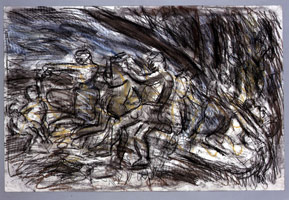 Bacchanal before a Herm #5, 1997 / 
compressed charcoal, pastel, and pencil on paper / 
image: 20.31 x 30.75 in. (51.6 x 78.1 cm) / 
framed: 28.82 x 14.49 in. (73.2 x 36.8 cm)