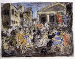 Leon Kossoff / 
The Rape of the Sabines #1, 1995 - 97 / 
hand colored etching & drypoint / 
17 7/8 x 23 1/2 in (45.4 x 59.69 cm)(plate) / 
22 1/4 x 29 3/4 in (56.52 x 75.57 cm)(paper) / 
Private collection 