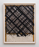 Ed Moses / 
Qu-bit #1, 1977 / 
acrylic, charcoal, and masking tape on board / 
unframed: 31 x 25 in. (78.7 x 63.5 cm) / 
framed: 33 1/2 x 27 1/2 x 1 1/2 in. (85.1 x 69.9 x 3.8 cm)
