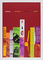R.B. Kitaj / 
Nerves, Massage, Defeat, Heart, 1967 / 
color screenprint, photoscreenprint, coating on Guardsman Red Hyperion antique board / 
Paper Dimensions: 34 1/4 x 23 1/2 in. (87 x 59.7 cm)