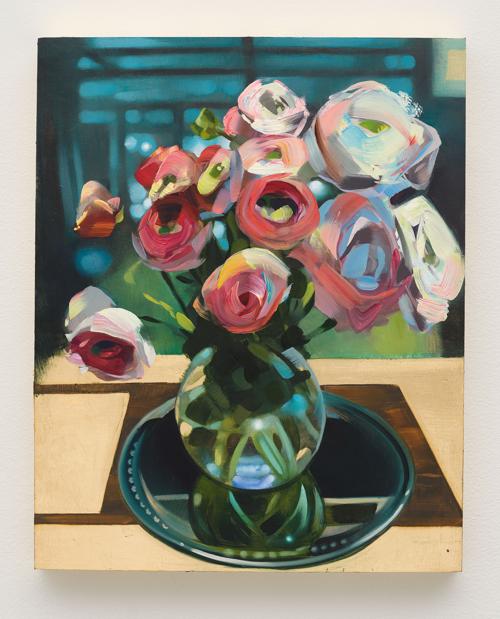 Rebecca Campbell / 
Ranunculus, 2022 / 
oil on gilded wood panel / 
20  x 16 in. (50.8 x 40.6 cm)