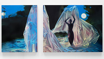 Rebecca Campbell / 
Wolf Moon, 2024 / 
oil on canvas / 
left canvas: 48 x 36 in. (121.9 x 91.4 cm) / 
right canvas: 48 x 60 in. (121.9 x 152.4 cm) / 
overall: 48 x 102 in. (121.9 x 259.1 cm)