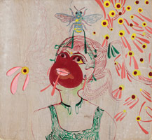 Rina Banerjee / 
Made of sugary sin and sweet greed she was wide eyed and relentless when plenty of nectar and flower brought also a mood much too sour, unleashed her, her all that was bad in power, 2014 / 
acrylic, ink on wood panel / 
10 15/16 x 11 7/8 x 3/4 in. (27.8 x 30.2 x 1.9 cm) / 
Framed: 11 7/16 x 12 3/8 x 1 1/2 in. (29.1 x 31.4 x 3.8 cm)