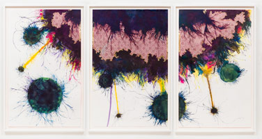 Sherin Guirguis / 
Untitled (maad wu gazr), 2012 / 
triptych, ink and watercolor on hand-cut paper / 
Three panels, each: 78 x 48 in. (198.1 x 121.9 cm) / 
Framed, each panel: 82 1/2 x 53 x 2 1/2 in. (209.6 x 134.6 x 6.4 cm)