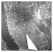 Sol LeWitt / 
Photo of Manhattan with the area between 117 Hester St.,  / 
      420 W Broadway and Morty's Liquor Store cut out, 1979  / 
      silver gelatin print with ink additions  / 
      15 7/8 x 15 7/8 in. (40.3 x 40.3 cm) / 
      Private collection 