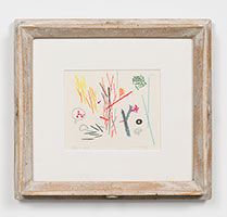 Frederick Hammersley / 
Sticks and stones, 1950 / 
colored pencil on paper in artist-made frame / 
Image: 4 3/4 x 4 3/4 in. (12.1 x 12.1 cm) / 
Framed: 11 x 12 in. (27.9 x 30.5 cm)