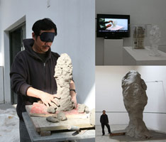 Sui Jianguo / 
Photo series depicting Blind Portrait, 2008: / 
the creation process, didactic video, and final installation of the sculpture / 
steel frame and mud, 216.54 in. (550 cm)  / 
 / 
Sui creates the <i>Blind Portraits</i> by working blindfolded /  with clay, creating sculptures, unmediated by vision. /  The works are first modeled in clay, enlarged and cast /  in bronze. 