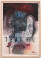 Terry Allen / 
Momo Chronicle III: Teatro of the 4-eyed Man; Teatro, 2009 / 
      gouache, pastel, color pencil, graphite, press type, collage elements / 
      41 x 21 1/2 in. (104.1 x 54.6 cm) 
