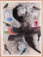 Terry Allen / 
Momo Chronicle IV: Rodez, Volver; Events of the Face, 2009 / 
      gouache, pastel, color pencil, graphite,  / 
      press type, spackle, collage elements / 
      56 1/2 x 46 1/2 in. (143.5 x 118.1 cm)