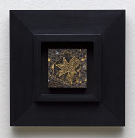 Tom Wudl / 
Total Universal Illumination, 2020 / 
black gesso, pencil, 22K gold, iridescent water color, on paper on board / 
image: 3 3/4 x 3 7/8 in. (9.5 x 9.8 cm) / 
framed: 12 x 12 in. (30.5 x 30.5 cm)
