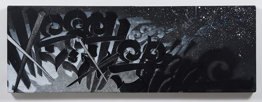 Chaz Bojorquez / 
We come spinning...scattering stars, 2016  / 
acrylic paint, Zolatone paint and silver marker on canvas / 
57 x 120 x 4 1/4 in. (137.2 x 304.8 x 12.7 cm)