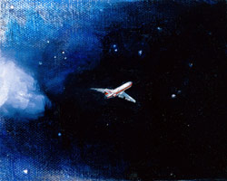 Tom Wudl / 
Night Flight, 1984 / 
oil on canvas / 
4 x 5 in. (10.16 x 12.7 cm) / 
Private collection