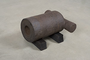 Ben Jackel / 
What Valor: Mortar, 2016 / 
stoneware and douglas fir / 
Sculpture: 11 1/4 x 19 5/8 x 23 in. (28.6 x 49.8 x 58.4 cm) / 
Installed on stand: 13 x 19 5/8 x 23 in. (33 x 49.8 x 58.4 cm)
