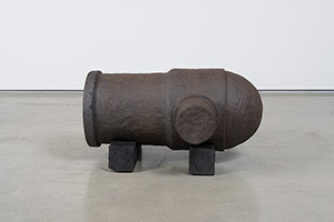 Ben Jackel / 
What Valor: Pack Mortar, 2016 / 
stoneware and douglas fir / 
Sculpture: 11 1/2 x 23 1/2 x 25 in. (29.2 x 59.7 x 63.5 cm) / 
Installed on stand: 13 1/2 in. x 23 1/2 in. x ft25 in. (34.3 x 59.7 x 63.5 cm)