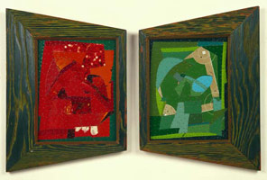 Tony Berlant /  
Motel Kachinas (diptych), 1985 /  
found tin on plywood with steel brads in a 1950’s frame /  
21-3/4 x 16-1/2 in.(55.2 x 41.9 cm)