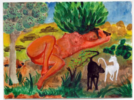 Charles Garabedian / 
Figure and Cats in Landscape, 2006 / 
      watercolor on paper / 
      Paper: 14 7/8 x 19 7/8 in. (37.8 x 50.5 cm)