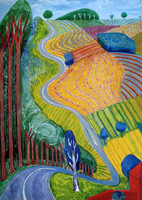 David Hockney  / 
Going up Garrowby Hill, 2000 / 
oil on canvas / 
84 x 60 in. (213.4 x 152.4 cm) / 
framed: 85 1/4 x 61 1/4 in. (216.5 x 155.6 cm) / 
Private collection