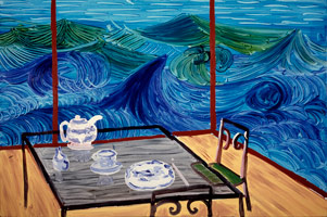 David Hockney / 
Breakfast at Malibu, Wednesday, 1989 / 
oil on canvas / 
24 x 36 in. (60.96 x 91.44 cm)
Private collection