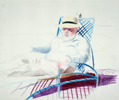 David Hockney / 
Henry in a Wicker Chair, 1976 / 
crayon on paper / 
14 x 17 in. (35.6 x 43.2 cm) / 
20 1/4 x 23 in. (fr) (51.435 x 58.42 cm) / 
Private collection