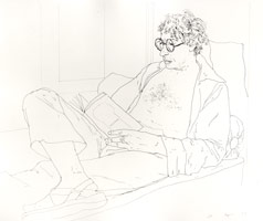 David Hockney / 
Kasmin Reading the Udaipur Guide, 1977 / 
ink on paper / 
19 x 24 in. (48.26 x 60.96 cm) / 
Private collection