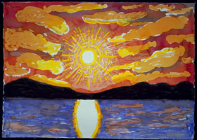 David Hockney  / 
Midnight Sun, Norway, 2003
watercolor and gouache on paper
Paper: 29 3/4 x 41 3/4 in. (75.6 x 106 cm)
Framed: 33 3/8 x 45 1/4 in. (84.8 x 114.9 cm)
Collection of Nornnorsk Kunstmuseum, Tromsø, Norway