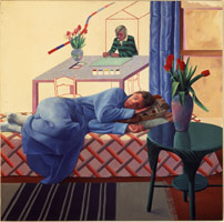 David Hockney / 
Model with Unfinished Self-Portrait, 1977 / 
oil on canvas / 
60 x 60 in. (152.4 x 152.4 cm) / 
Private collection