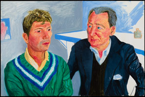 David Hockney / 
Older Gentleman with Young Gentleman, 1989 / 
oil on canvas / 
24 x 36 in. (60.96 x 91.44 cm) / 
Private collection
