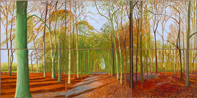 David Hockney  / 
Woldgate Woods, 21, 23 and 29 November, 2006 / 
oil on six canvases / 
Each: 36 x 48 in. (91.4 x 121.9 cm) / 
Overall: 72 x 144 in. (182.9 x 365.8 cm) / 
Private collection